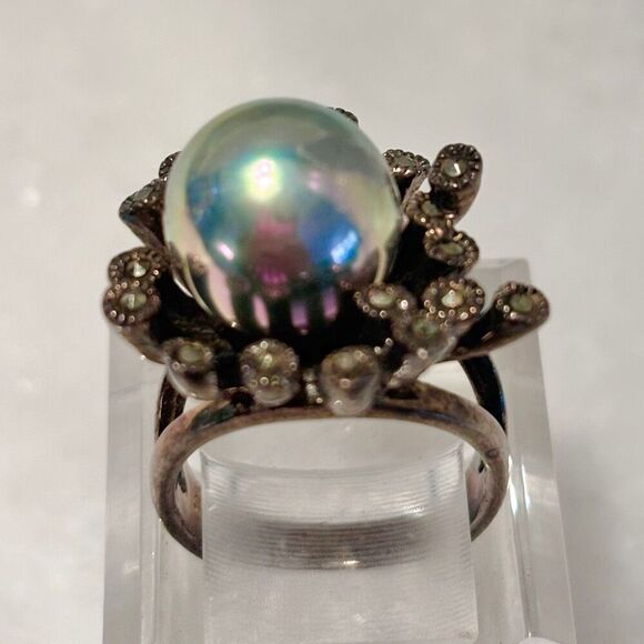 Vintage Sterling Silver Black Pearl & Marcasite Starburst Enchanted Cocktail Rin - Picture 4 of 5